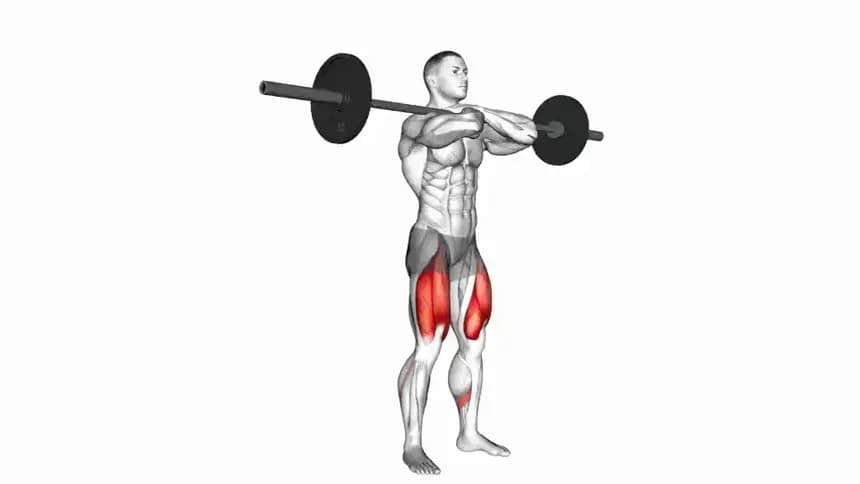 تصویر یک ورزشکار در حال اجرای حرکت اسکات جلو با هالتر در رک اسکات