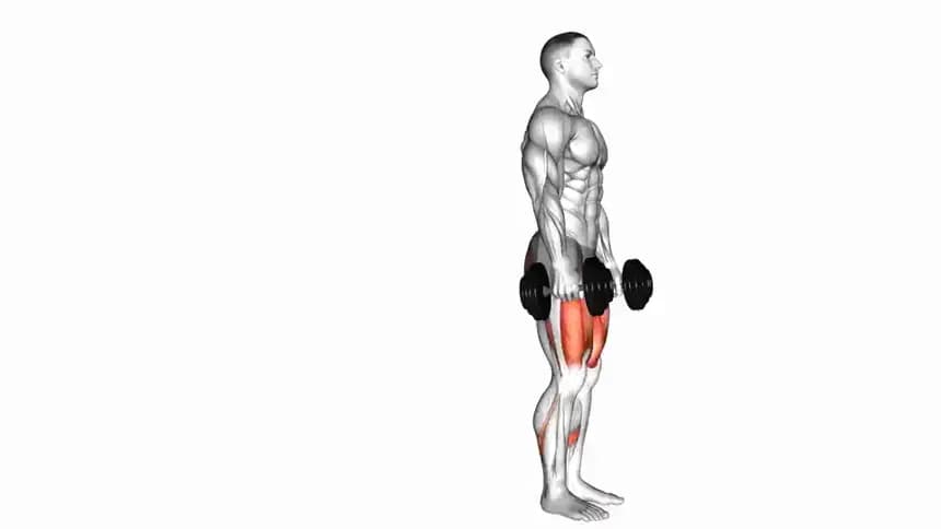 فرد در حال اجرای حرکت لانژ به عقب با دمبل در هر دست، در میانه پایین رفتن حرکت