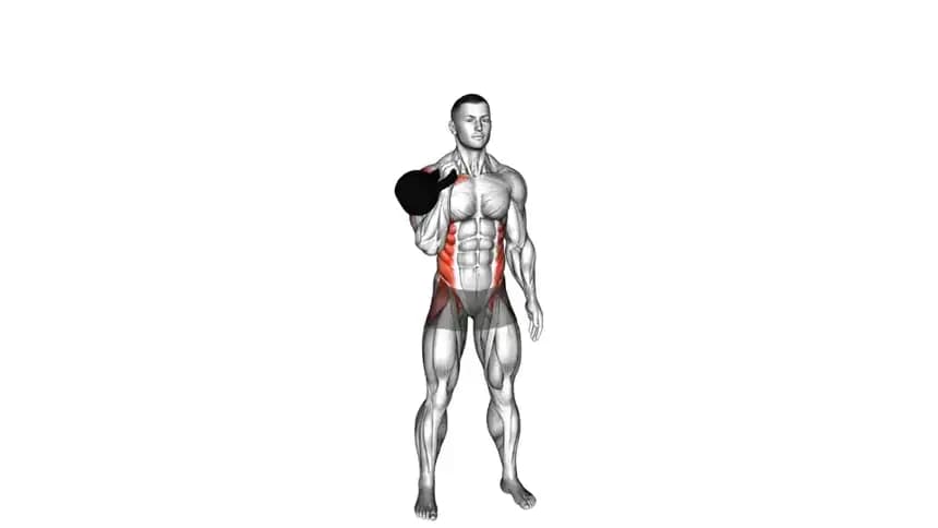 فردی در حال اجرای حرکت پرس خم با کتل‌بل، با یک دست وزنه را بالای سر برده و به سمت مخالف خم شده است.