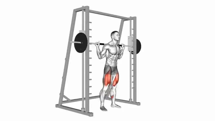 تصویر یک ورزشکار در حال اجرای حرکت اسکات هالتر پایین با دستگاه اسمیت در باشگاه