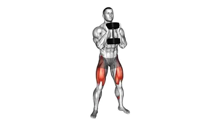 فرد در حال اجرای اسکات گابلت با دمبل، نگه داشتن دمبل در جلوی سینه و خم شدن زانوها