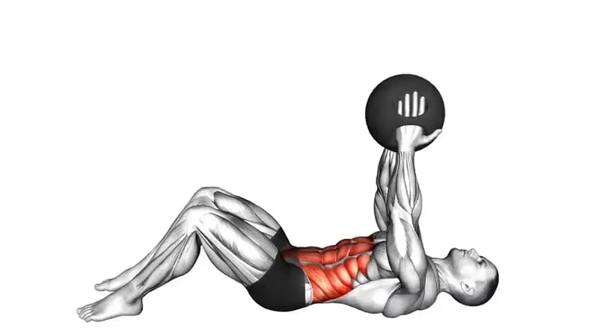 فردی در حال انجام حرکت کرانچ با توپ طبی بر روی مت ورزشی، در حالی که توپ را نزدیک سینه نگه داشته است.