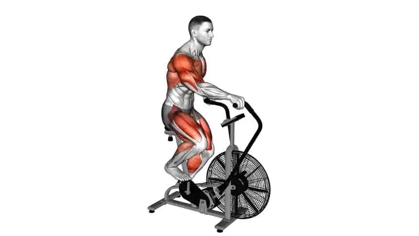 یک فرد در حال تمرین با دوچرخه Assault Bike، در حال پدال زدن و هل دادن دسته‌ها به صورت همزمان