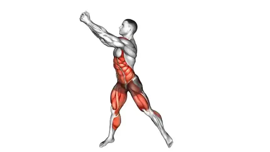 فردی در حال اجرای حرکت اسکات پهلو به بالا، در مرحله پرش به سمت راست