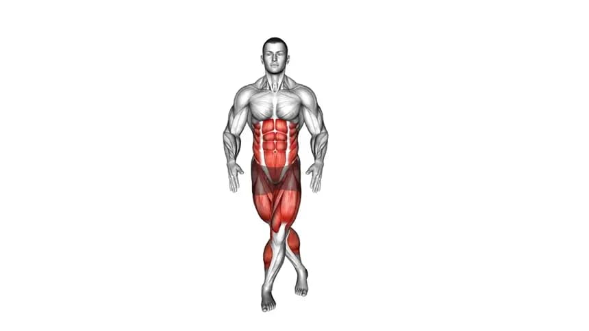 مردی در حال اجرای حرکت شافل عقب کیک جانبی در حالت نیمه نشسته، در حال ضربه زدن با پای راست به سمت راست