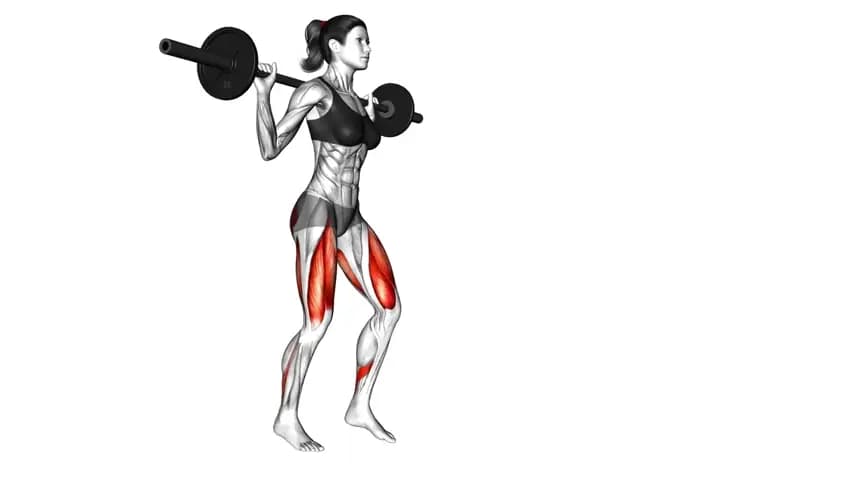 زن در حال اجرای حرکت لانج با هالتر در باشگاه، با فرم صحیح و هالتر روی شانه‌ها
