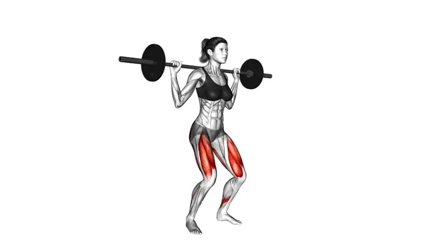 یک بانوی ورزشکار در حال اجرای حرکت اسکوات با هالتر در رک اسکوات، با فرم صحیح و کمر صاف.