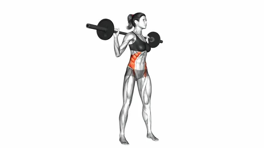 یک زن در حال انجام حرکت چرخش ایستاده با هالتر برای تقویت عضلات شکم