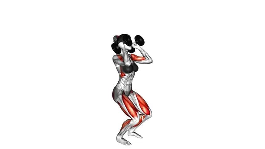 یک ورزشکار زن در حال اجرای حرکت کلین با دمبل، مرحله انتقال دمبل‌ها به ارتفاع شانه