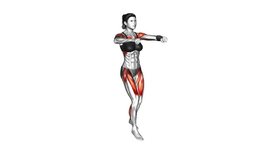 زن در حال اجرای حرکت پانچ به جلو با ضربه پا در حالت ایستاده