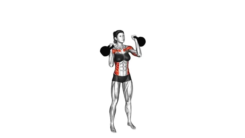 یک زن در حال انجام حرکت پرس اره‌ای کتل بل با دو کتل بل در سطح شانه