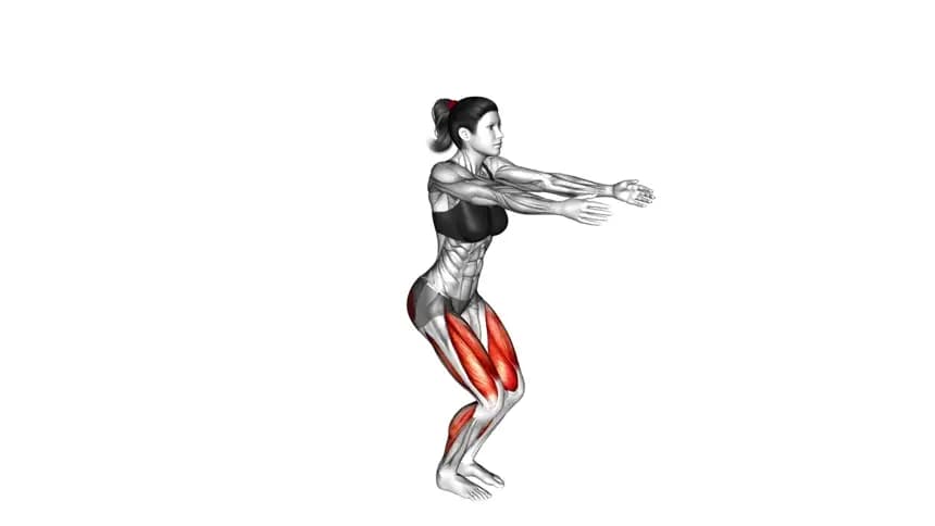 یک زن در حال اجرای حرکت اسکات و نوک پا، در مرحله بالا آمدن روی پنجه پا