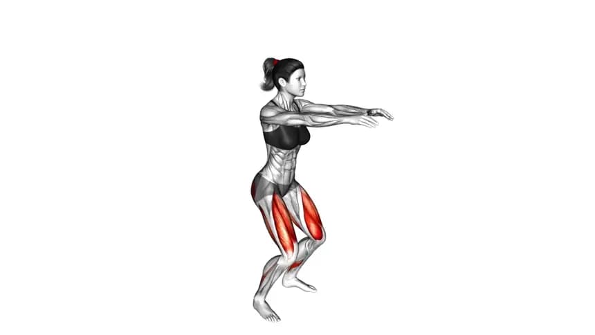 زن در حال انجام حرکت اسکات با فرم صحیح، پاها به عرض شانه و دست‌ها به سمت جلو